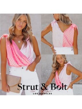Strut & Bolt Pink Ombre Polka Dot Tie-Shoulder Bodysuit